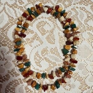 Vintage Multi Gemstone Chip Necklace Women Brown Green Tan Red White Boho
